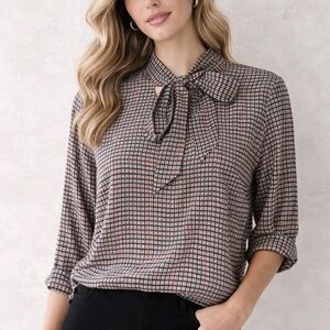 MIXXO Checkered Tie Neck Blouse Chic Office Career Academia Top Small
